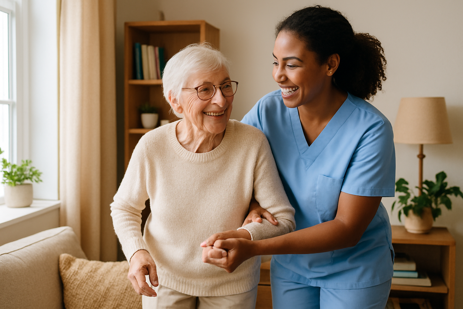 A bright welcoming photo of a caregiver assisting a senior in a small home adjustment like organizing a cozy reading nook or helping them walk safely with a smile-2