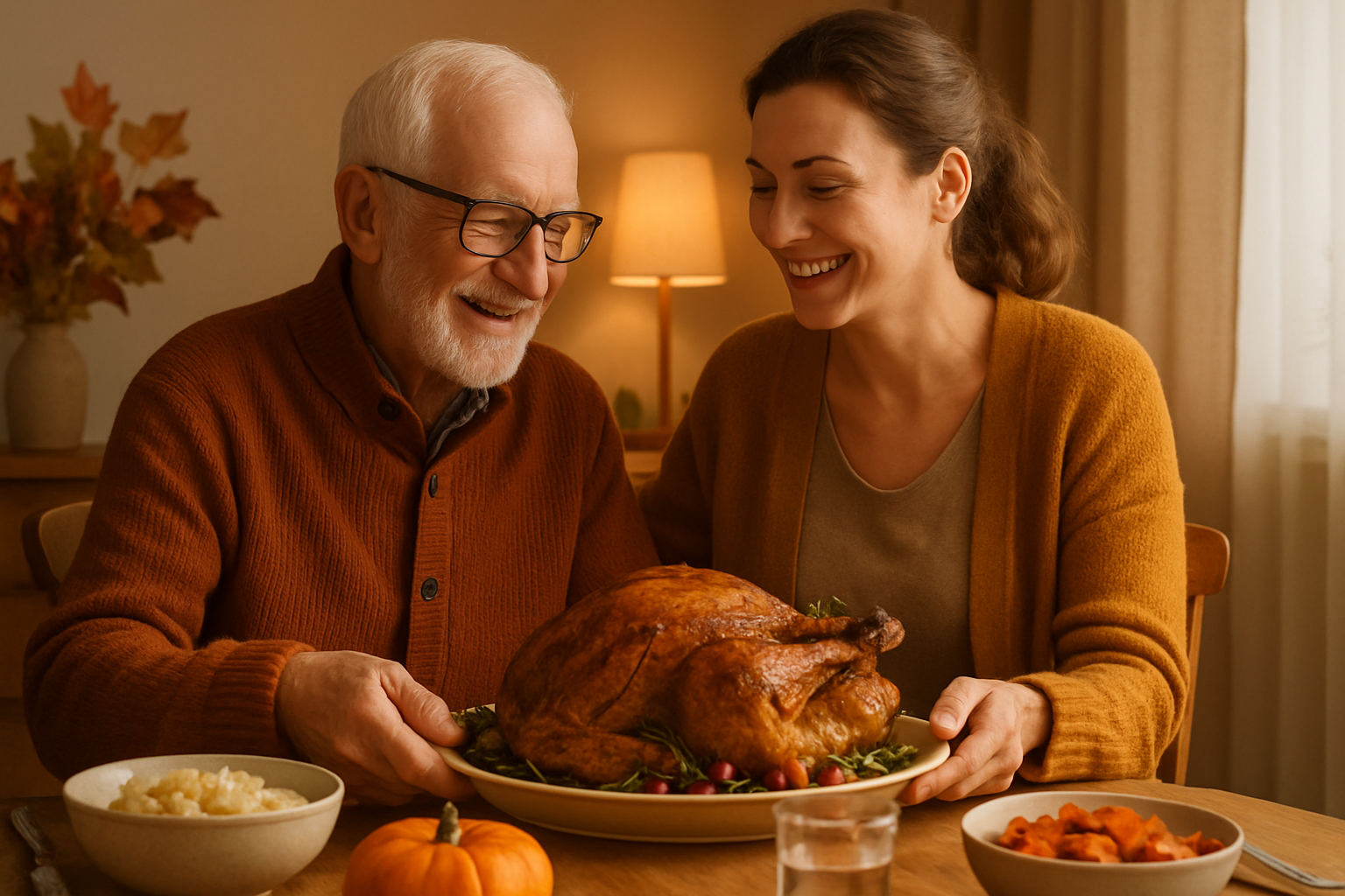 A cozy dining table with a senior and a caregiver sharing a warm moment or preparing a simple Thanksgiving meal together  soft lighting autumn colors