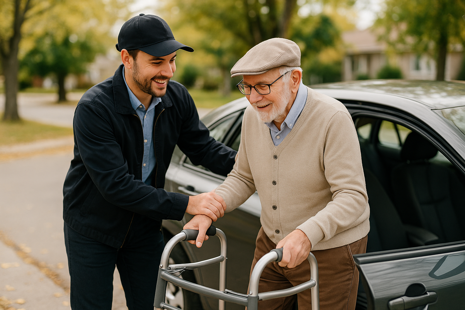 A friendly driver helping a senior with a walker or cane into a car-1