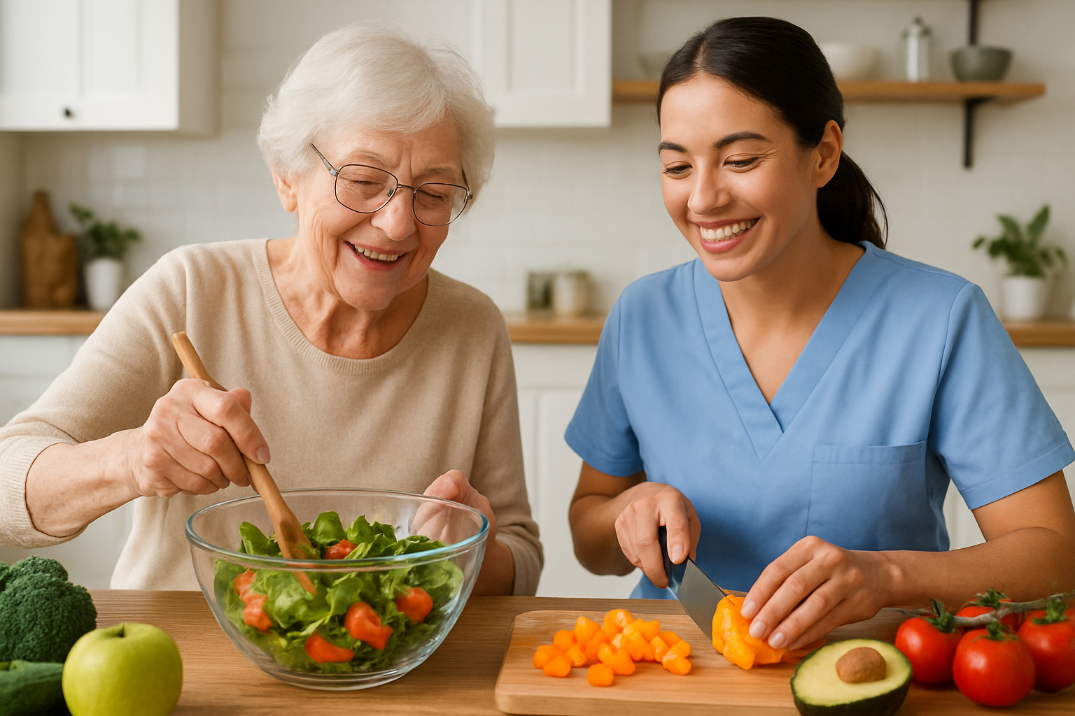 Caregiver preparing a healthy meal with senior-1