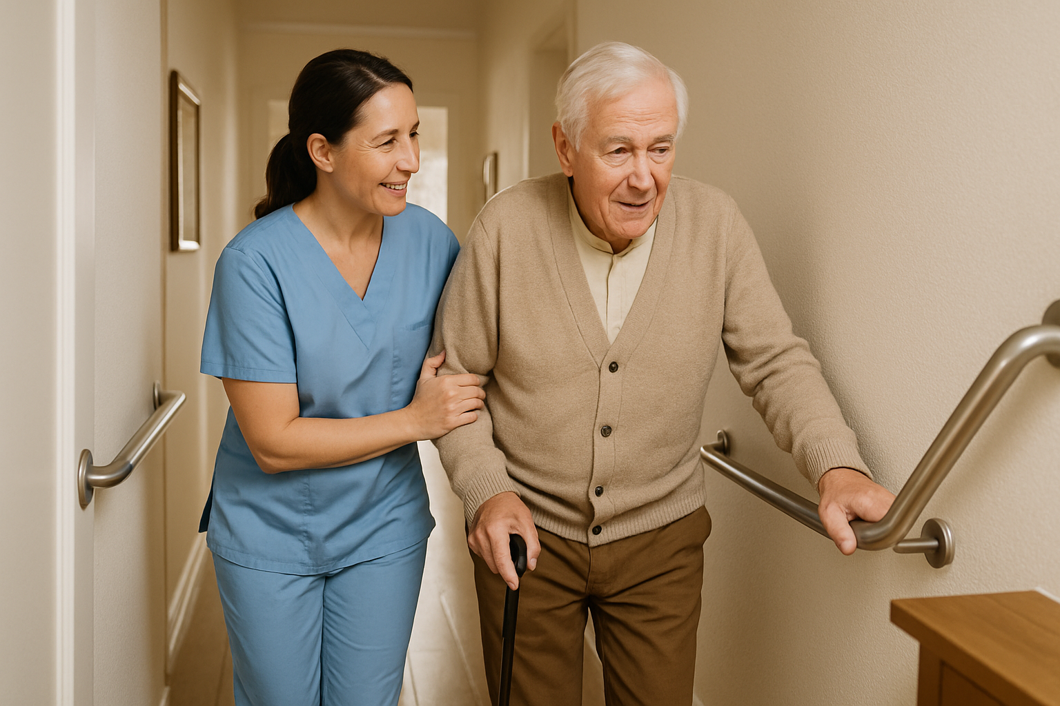 Caregiver supporting a senior as they move safely through the home with grab bars or clear pathways visible-2