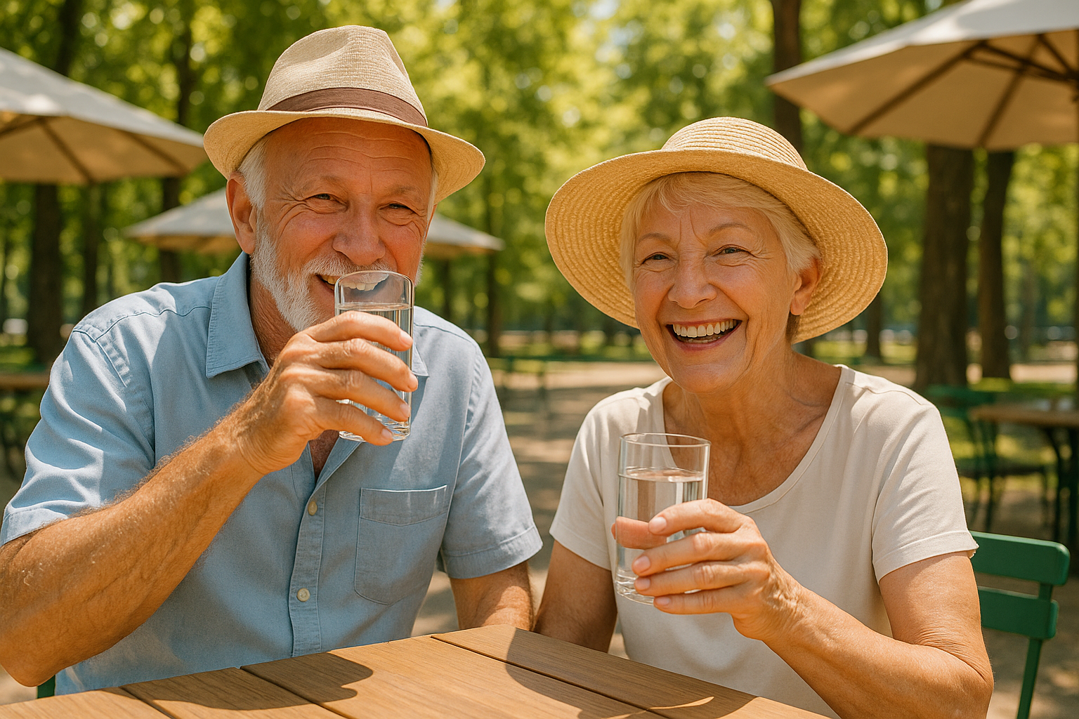 Smiling senior couple sipping water at a shaded park or outdoor caf in summer attire-1