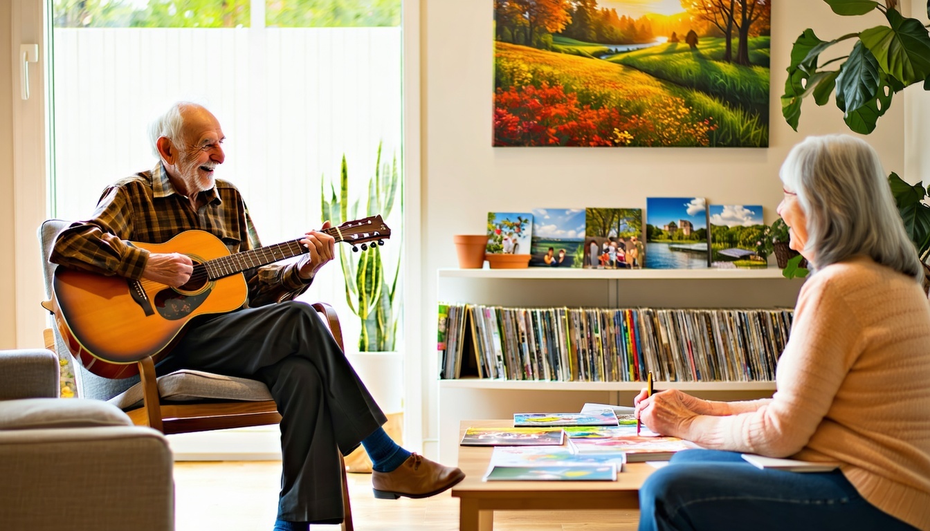 The image portrays a serene sunlit room filled with warm inviting colors In the center an elderly man sits in a comfortable armchair smiling as he listens to a caregiver who is gently strumming a guitar Nearby a small table displays a collection of v-1