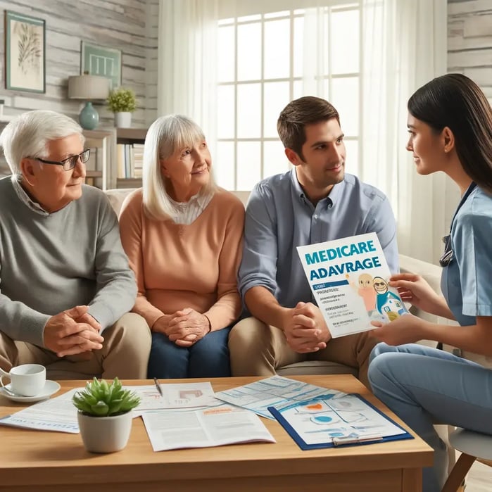 An informative scene showing a family consultation in a bright living room. A medical professional is sitting with an elderly couple and their adult-1