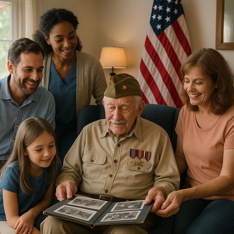 A senior veteran sitting comfortably in their home