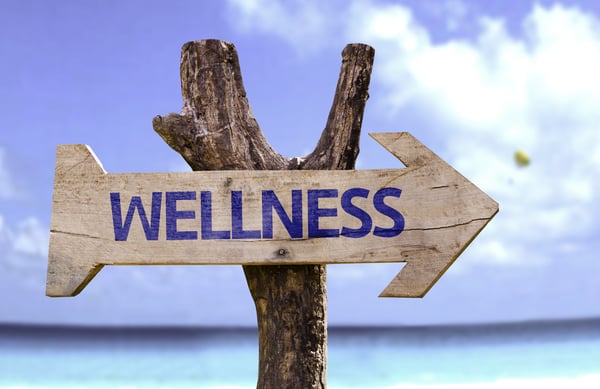 Wellness wooden sign with a beach on background