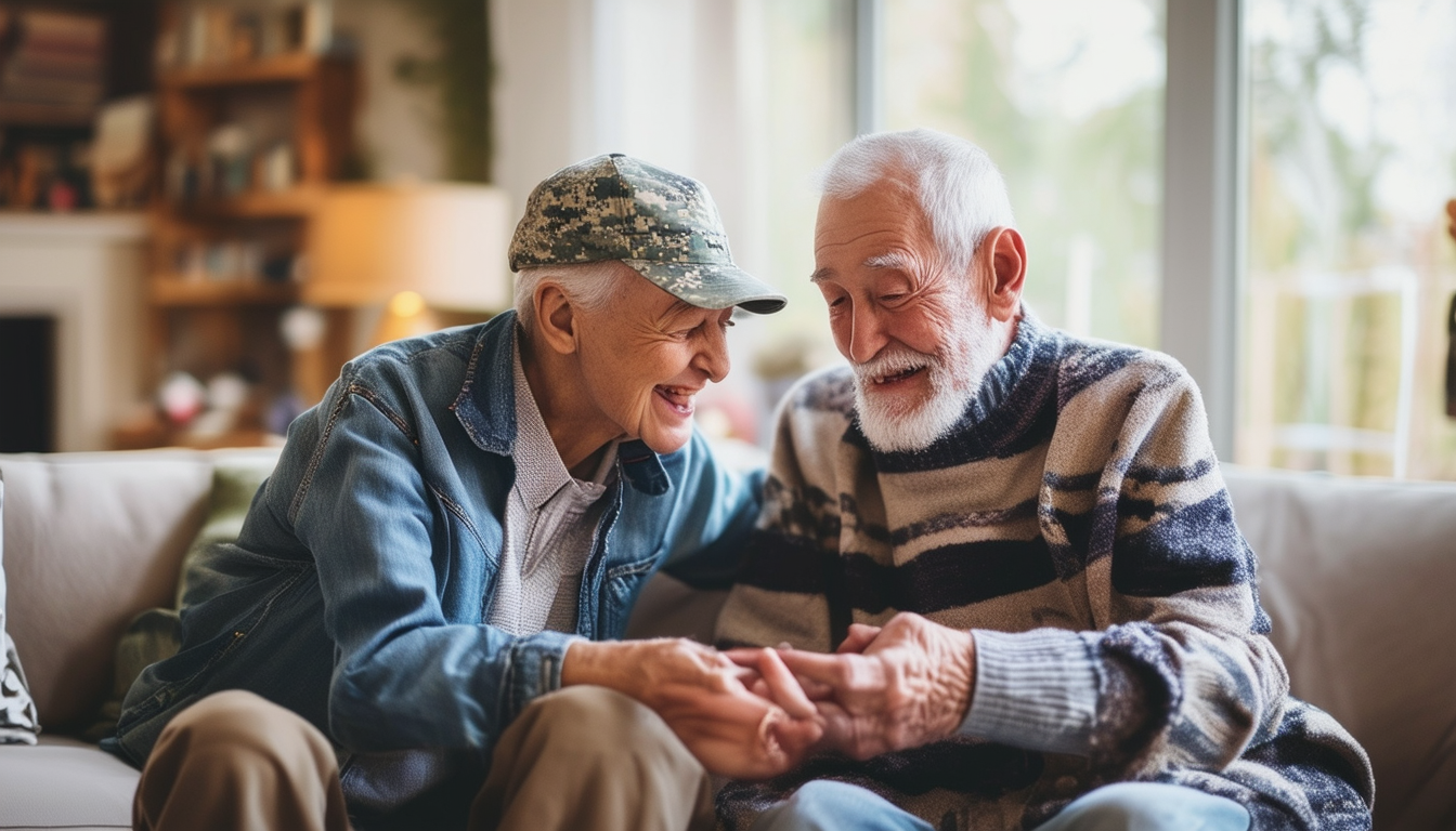 A compassionate caregiver assisting an elderly vet